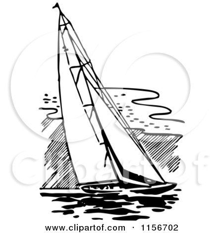 Clipart of a Black and White Retro Sailing Boat - Royalty Free Vector Clipart by BestVector