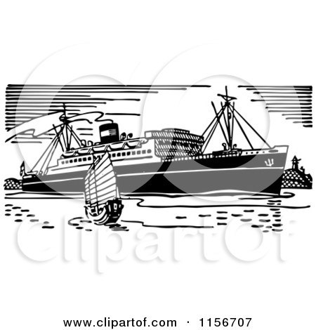 Clipart of a Black and White Retro Boat and Ship - Royalty Free Vector Clipart by BestVector