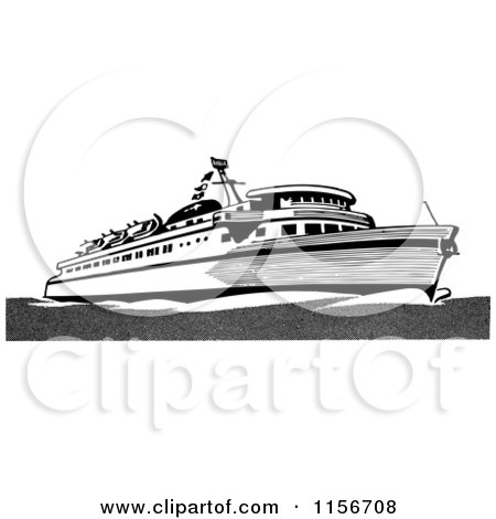 Clipart of a Black and White Retro Ship 3 - Royalty Free Vector Clipart by BestVector