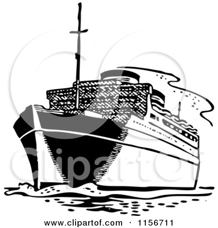 Clipart of a Black and White Retro Ship - Royalty Free Vector Clipart by BestVector