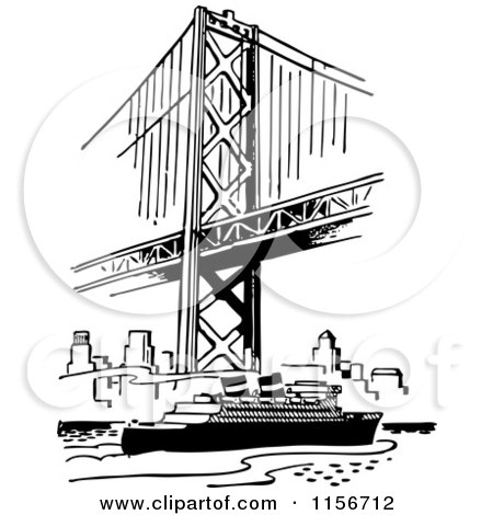 Clipart of a Black and White Retro Ship Under a Bridge - Royalty Free Vector Clipart by BestVector