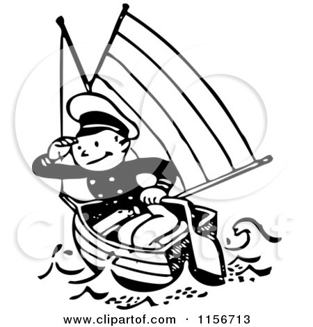 Clipart of a Black and White Retro Sailor in a Boat - Royalty Free Vector Clipart by BestVector