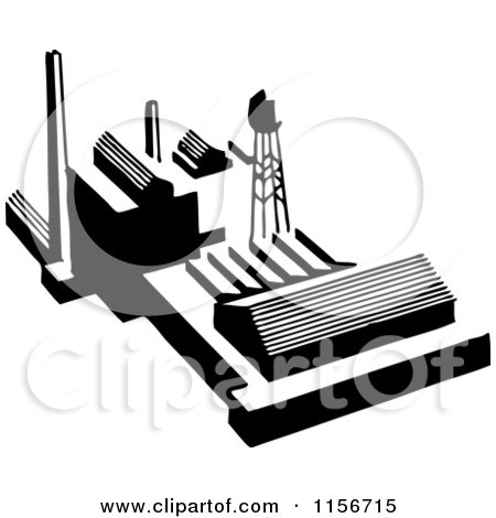 Clipart of a Black and White Retro Factory - Royalty Free Vector Clipart by BestVector