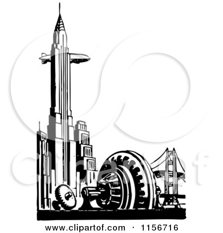 Clipart of a Black and White Retro Blimp and Chrysler Building in New York City - Royalty Free Vector Clipart by BestVector