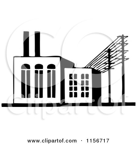 Clipart of a Black and White Retro Factory Building - Royalty Free Vector Clipart by BestVector