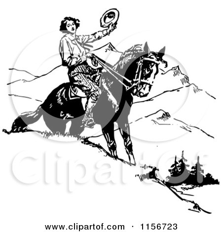 Clipart of a Black and White Retro Man Holding His Hat on Horseback - Royalty Free Vector Clipart by BestVector