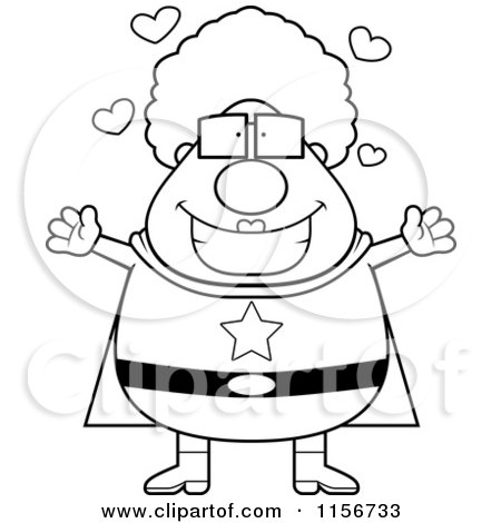Cartoon Clipart Of A Black And White Plump Super Granny with Open Arms - Vector Outlined Coloring Page by Cory Thoman