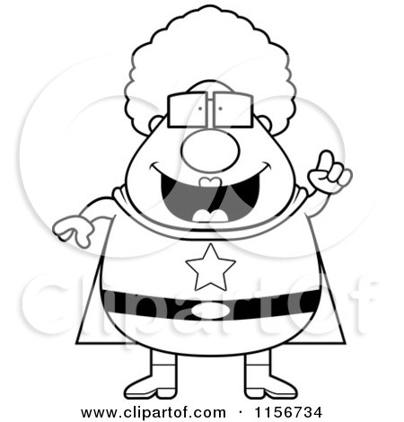 Cartoon Clipart Of A Black And White Chubby Super Granny with an Idea - Vector Outlined Coloring Page by Cory Thoman
