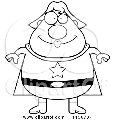 Cartoon Clipart Of A Black And White Chubby Super Woman - Vector Outlined Coloring Page by Cory Thoman