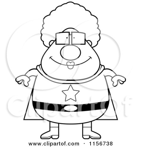 Cartoon Clipart Of A Black And White Plump Super Granny Facing Front - Vector Outlined Coloring Page by Cory Thoman