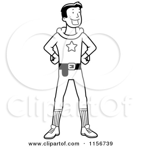 Cartoon Clipart Of A Black And White Super Hero Standing - Vector Outlined Coloring Page by Cory Thoman