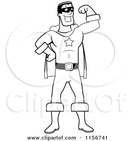 Cartoon Clipart Of A Black And White Super Hero Flexing One Arm - Vector Outlined Coloring Page by Cory Thoman