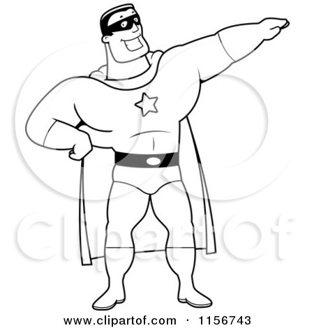 Cartoon Clipart Of A Black And White Super Hero Pointing - Vector Outlined Coloring Page by Cory Thoman