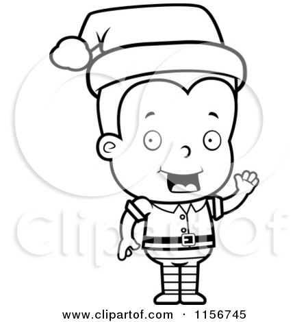 Cartoon Clipart Of A Black And White Blond Male Toddler Christmas Helper Waving - Vector Outlined Coloring Page by Cory Thoman
