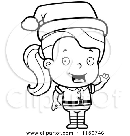 Cartoon Clipart Of A Black And White Female Toddler Christmas Helper Waving - Vector Outlined Coloring Page by Cory Thoman