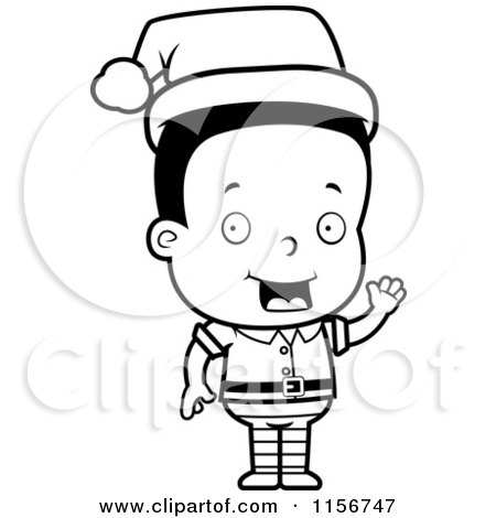 Cartoon Clipart Of A Black And White Christmas Elf Boy Waving - Vector Outlined Coloring Page by Cory Thoman
