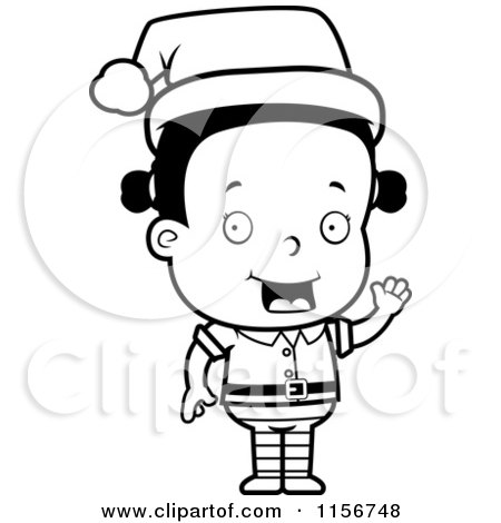 Cartoon Clipart Of A Black And White Female Toddler Christmas Helper Waving - Vector Outlined Coloring Page by Cory Thoman