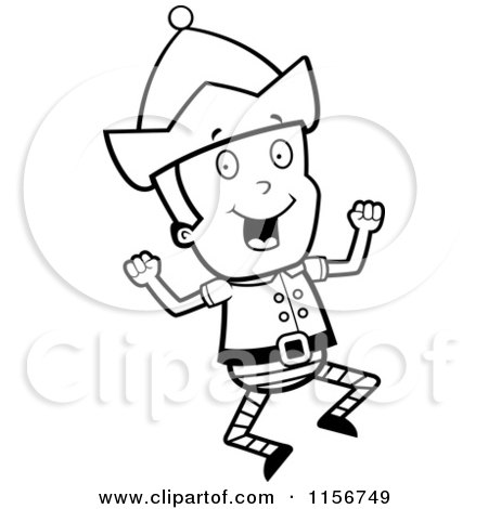 Cartoon Clipart Of A Black And White Christmas Elf Man Jumping - Vector Outlined Coloring Page by Cory Thoman