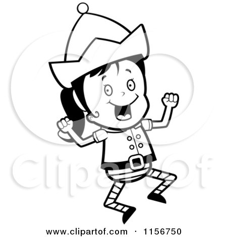 Cartoon Clipart Of A Black And White Christmas Elf Girl Jumping - Vector Outlined Coloring Page by Cory Thoman