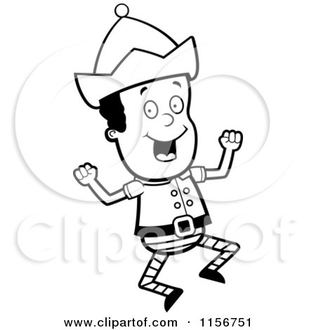 Cartoon Clipart Of A Black And White Happy Elf Jumping - Vector Outlined Coloring Page by Cory Thoman