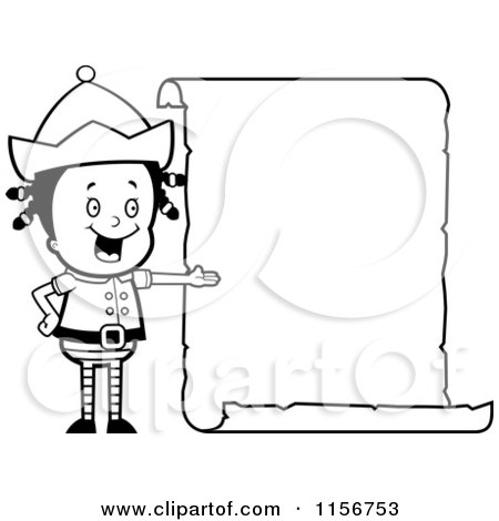 Cartoon Clipart Of A Black And White Girl Elf Presenting a Blank List - Vector Outlined Coloring Page by Cory Thoman