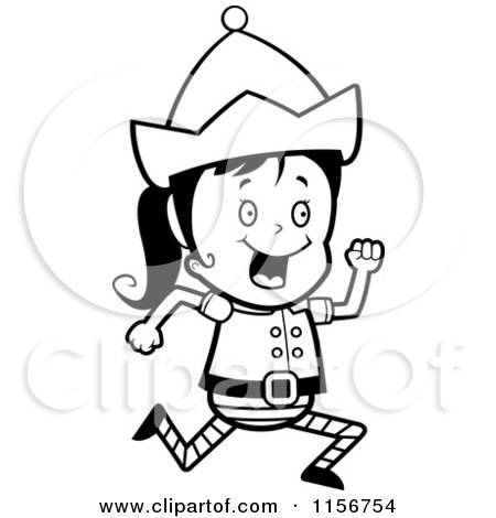Cartoon Clipart Of A Black And White Christmas Elf Girl Running - Vector Outlined Coloring Page by Cory Thoman