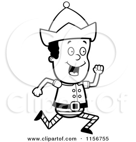 Cartoon Clipart Of A Black And White Christmas Elf Boy Running - Vector Outlined Coloring Page by Cory Thoman