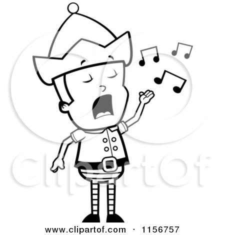 Cartoon Clipart Of A Black And White Christmas Elf Man Singing - Vector Outlined Coloring Page by Cory Thoman