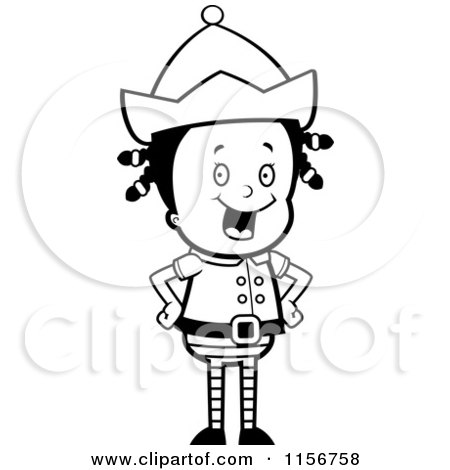 Cartoon Clipart Of A Black And White Happy Female Elf - Vector Outlined Coloring Page by Cory Thoman