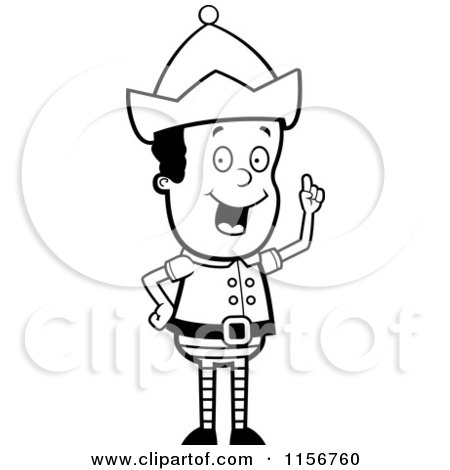 Cartoon Clipart Of A Black And White Christmas Elf Man with an Idea - Vector Outlined Coloring Page by Cory Thoman