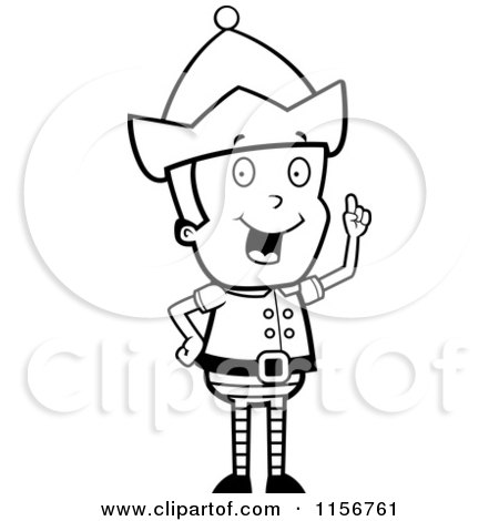 Cartoon Clipart Of A Black And White Christmas Elf Man with an Idea - Vector Outlined Coloring Page by Cory Thoman