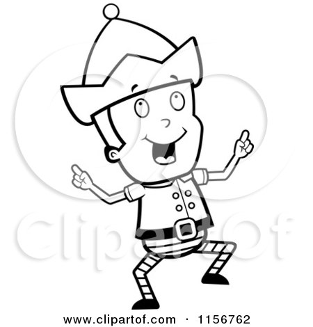 Cartoon Clipart Of A Black And White Christmas Elf Boy Doing a Happy Dance - Vector Outlined Coloring Page by Cory Thoman