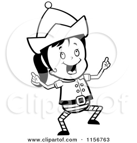 Cartoon Clipart Of A Black And White Christmas Elf Girl Doing a Happy Dance - Vector Outlined Coloring Page by Cory Thoman