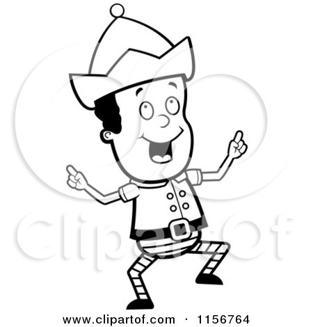 Cartoon Clipart Of A Black And White Happy Male Elf Dancing - Vector Outlined Coloring Page by Cory Thoman