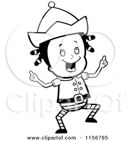 Cartoon Clipart Of A Black And White Cute Little Girl Elf Dancing - Vector Outlined Coloring Page by Cory Thoman