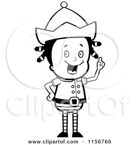 Cartoon Clipart Of A Black And White Christmas Elf Girl with an Idea - Vector Outlined Coloring Page by Cory Thoman