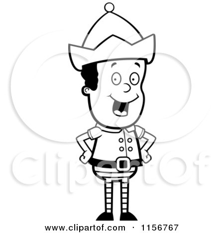 Cartoon Clipart Of A Black And White Happy Elf Standing with His Hands on His Hips - Vector Outlined Coloring Page by Cory Thoman