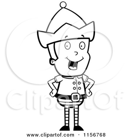 Cartoon Clipart Of A Black And White Happy Christmas Elf Boy Standing with His Hands on His Hips - Vector Outlined Coloring Page by Cory Thoman