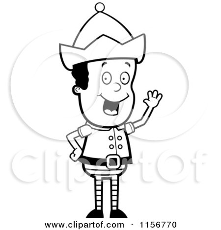 Cartoon Clipart Of A Black And White Male Christmas Elf Smiling and Waving - Vector Outlined Coloring Page by Cory Thoman