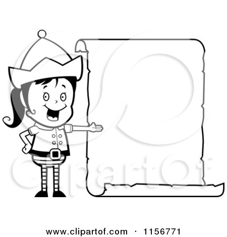Cartoon Clipart Of A Black And White Female Christmas Elf Presenting a Blank List - Vector Outlined Coloring Page by Cory Thoman
