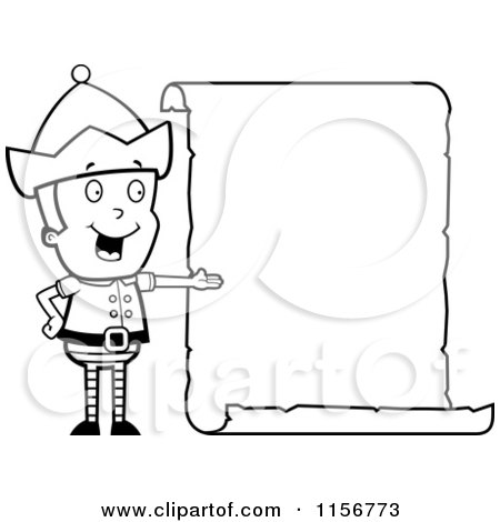 Cartoon Clipart Of A Black And White Male Christmas Elf Presenting a Blank List - Vector Outlined Coloring Page by Cory Thoman