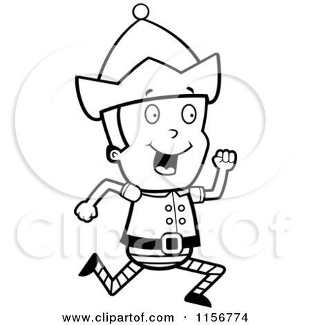 Cartoon Clipart Of A Black And White Christmas Elf Boy Running - Vector Outlined Coloring Page by Cory Thoman