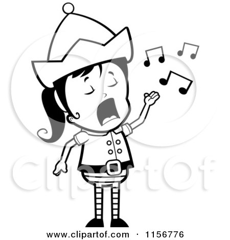 Cartoon Clipart Of A Black And White Female Christmas Elf Singing - Vector Outlined Coloring Page by Cory Thoman