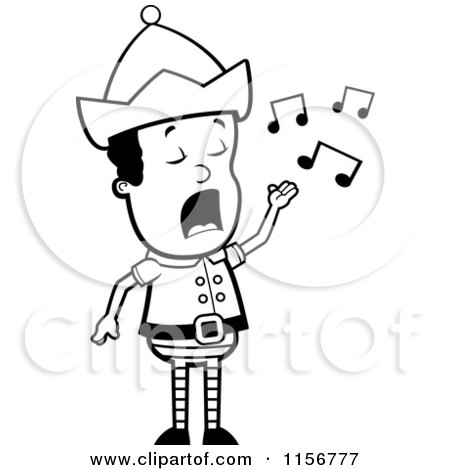 Cartoon Clipart Of A Black And White Little Singing Boy Elf - Vector Outlined Coloring Page by Cory Thoman