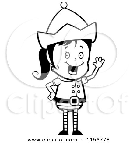 Cartoon Clipart Of A Black And White Waving Elf Girl - Vector Outlined Coloring Page by Cory Thoman