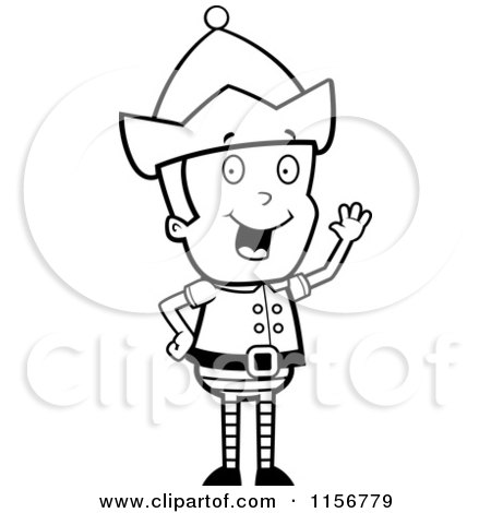 Cartoon Clipart Of A Black And White Christmas Elf Waving - Vector Outlined Coloring Page by Cory Thoman