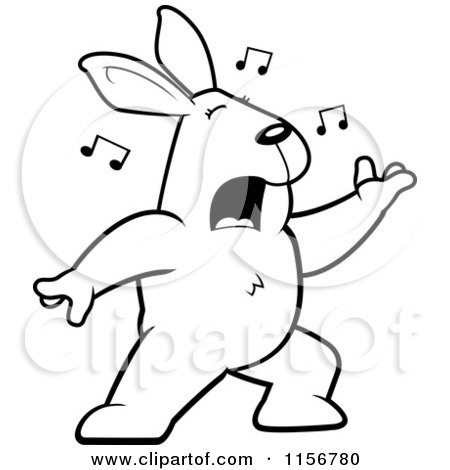 Cartoon Clipart Of A Black And White Rabbit Singing and Lunging Forward - Vector Outlined Coloring Page by Cory Thoman