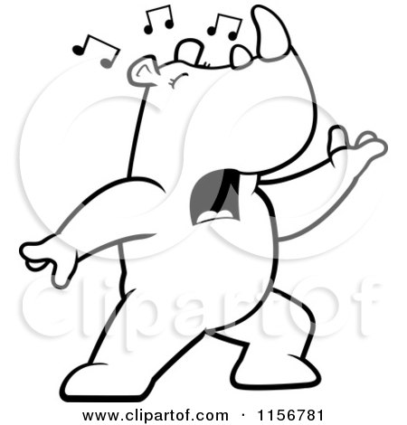 Cartoon Clipart Of A Black And White Rhino Singing and Lunging Forward - Vector Outlined Coloring Page by Cory Thoman