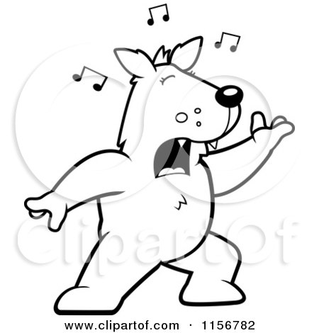 Cartoon Clipart Of A Black And White Singing Wolf with Music Notes - Vector Outlined Coloring Page by Cory Thoman