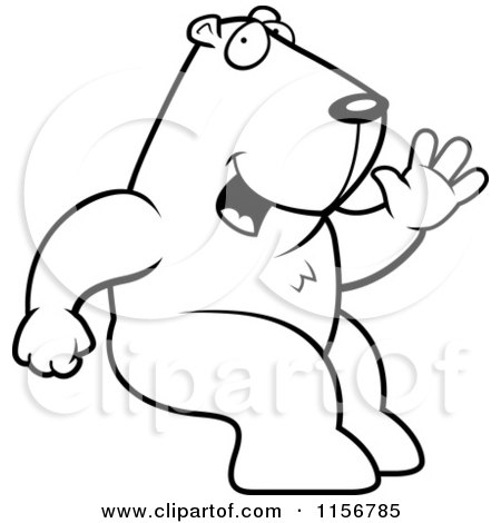 Cartoon Clipart Of A Black And White Sitting and Waving Groundhog - Vector Outlined Coloring Page by Cory Thoman